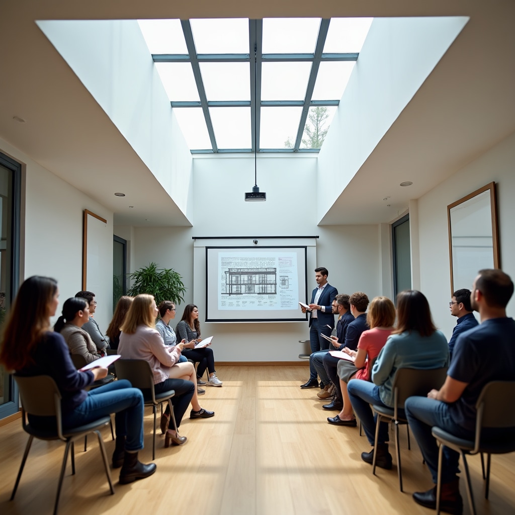 Community assembly meeting in modern building