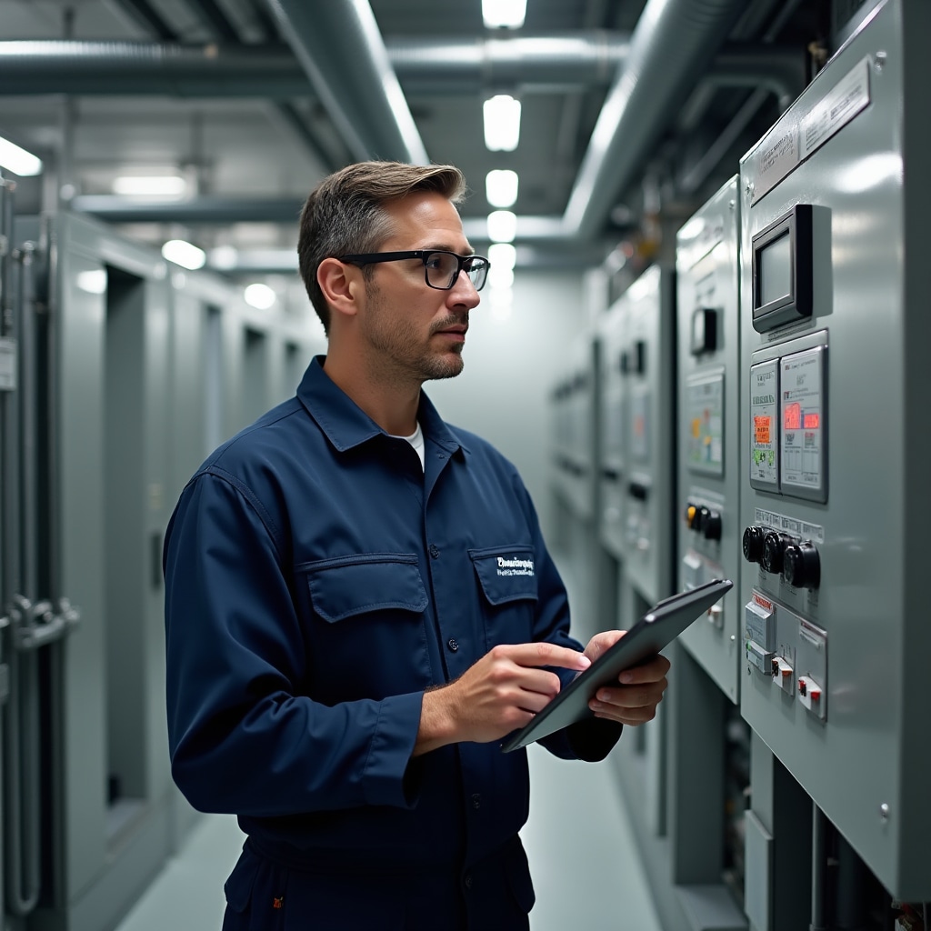 Trabajador de mantenimiento de edificio inspeccionando sistemas